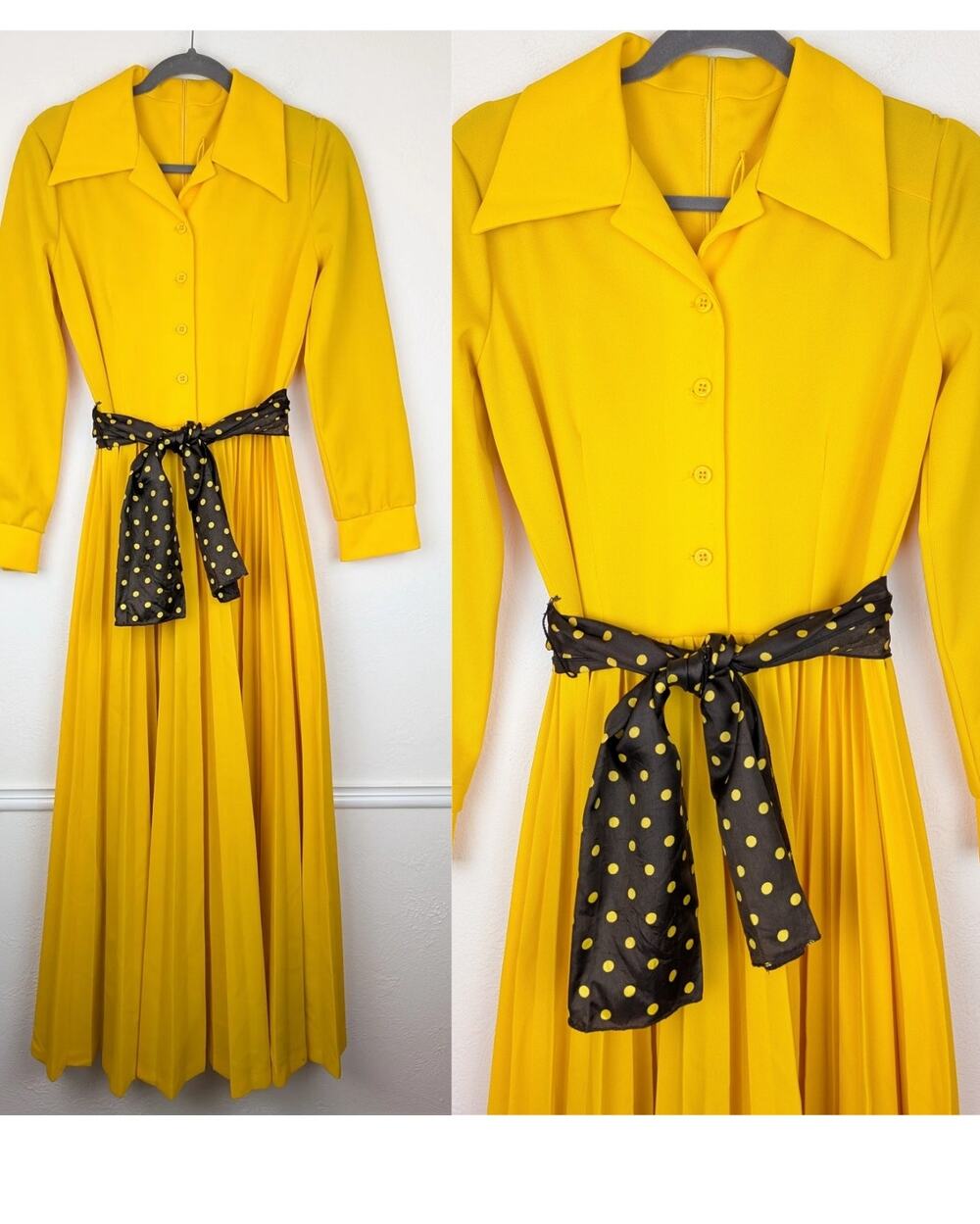 Vintage Maxi Dress 60s Pleated Collared Button Up Sunshine Yellow Retro Size S